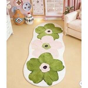 Shag Flower Rug Cream Green Pink Boho Bedroom Accent Floor Mat